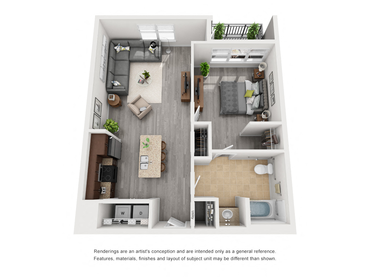 Floor plan for 1 bed, 1 bath, 847 sqft